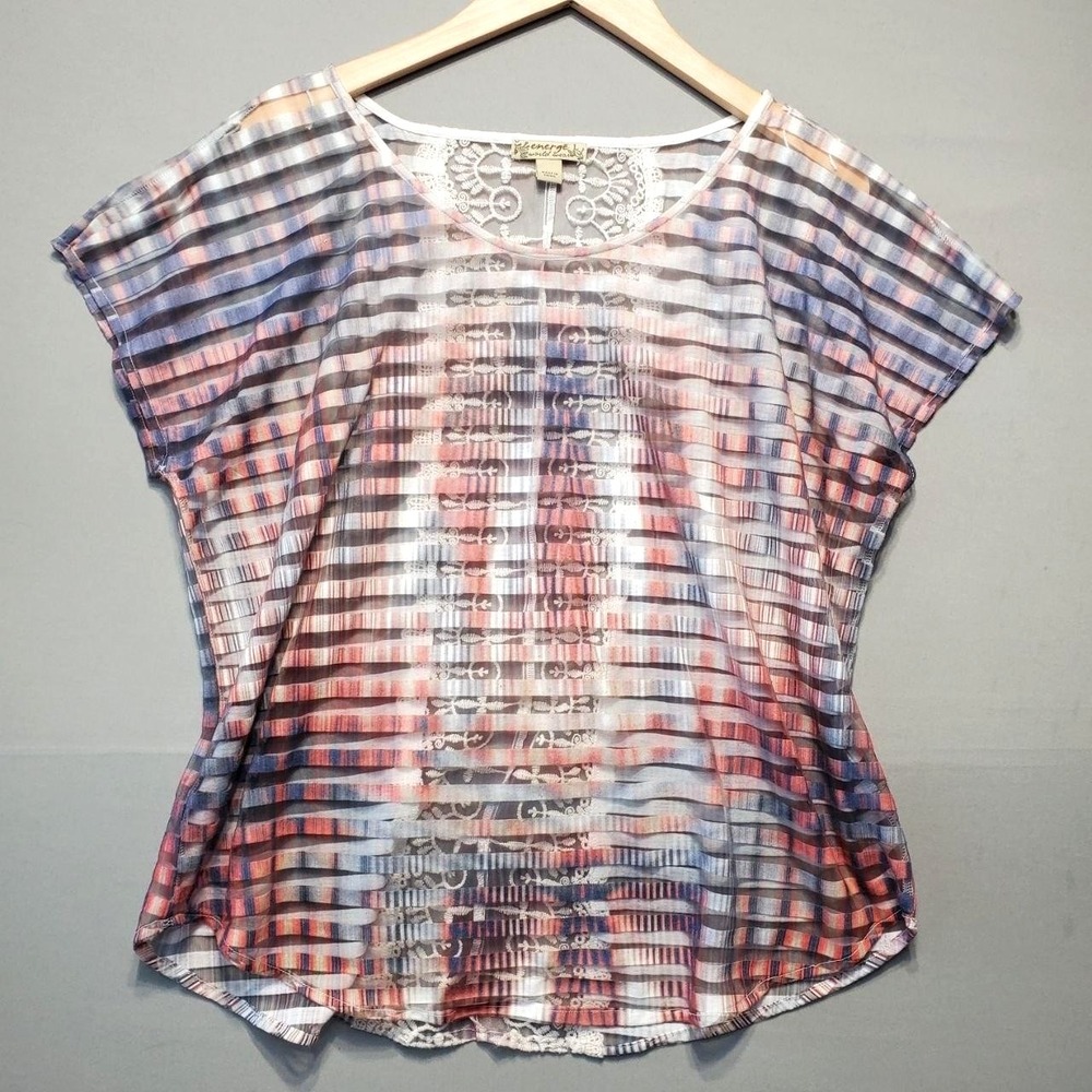 Energe Sheer Lace Crochet Stripe Top Womens XL Blue Chiffon Boho Chic Festival